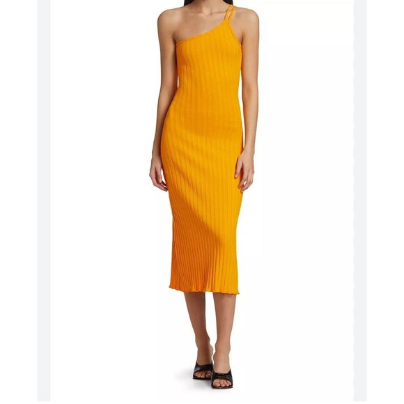Simon Miller Dress Orange Ribbed One Shoulder Oline Saffron Bodycon Midi  Medium